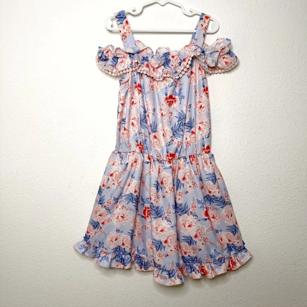 Nicole Miller sleeveless girl cold shoulder ruffle  romper blue pink size 10